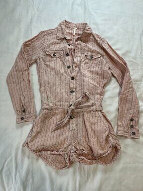 Free People Light Pink Striped Longsleeve Linen Blend Romper | Size XS